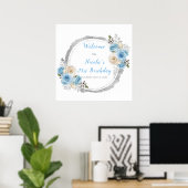 Stoffig Blauw Zilver Elegante Bloemen Verjaardagsf Poster (Thuiskantoor)