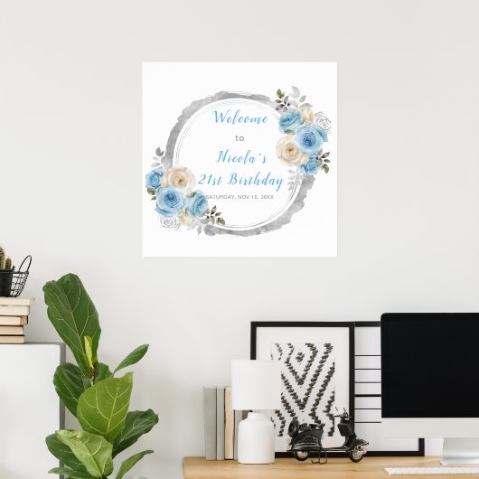 Stoffig Blauw Zilver Elegante Bloemen Verjaardagsf Poster (Thuiskantoor)