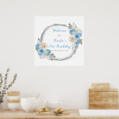 Stoffig Blauw Zilver Elegante Bloemen Verjaardagsf Poster (Keuken)