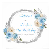 Stoffig Blauw Zilver Elegante Bloemen Verjaardagsf