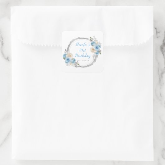 Stoffig Blauw Zilver Elegante Bloemen Verjaardagsf Vierkante Sticker (Tas)