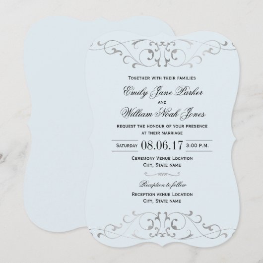 Stoffig Blauw Zilver Elegante bruiloft Uitnodiging (Voorkant / Achterkant)