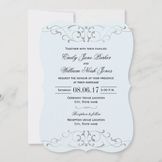 Stoffig Blauw Zilver Elegante bruiloft Uitnodiging (Voorkant)