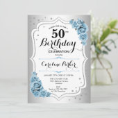 Stoffig Blauw Zilver Foto Elegant 50ste Verjaardag Kaart (Staand voorkant)