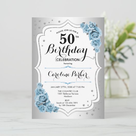 Stoffig Blauw Zilver Foto Elegant 50ste Verjaardag Kaart (Staand voorkant)