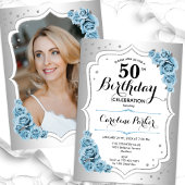 Stoffig Blauw Zilver Foto Elegant 50ste Verjaardag Kaart