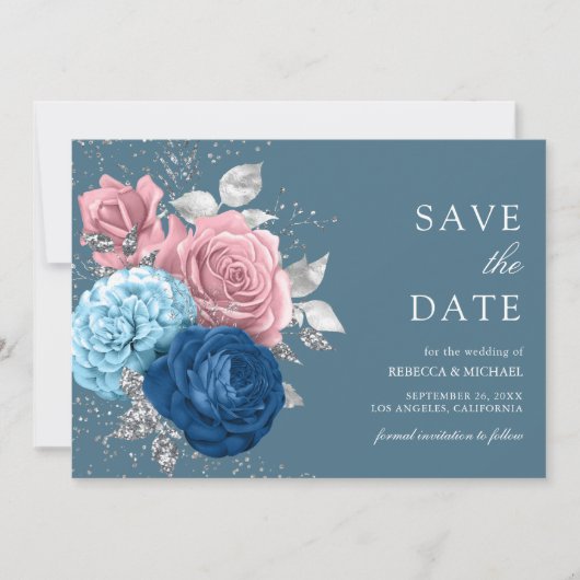 Stoffig Blauw Zilver Roze Bloemen Huwelijk Save The Date (Voorkant)