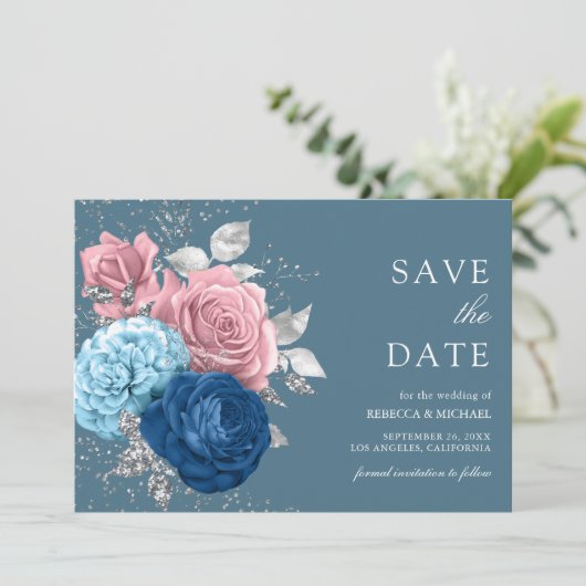 Stoffig Blauw Zilver Roze Bloemen Huwelijk Save The Date (Staand voorkant)