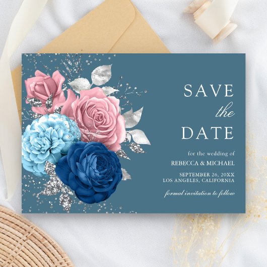 Stoffig Blauw Zilver Roze Bloemen Huwelijk Save The Date