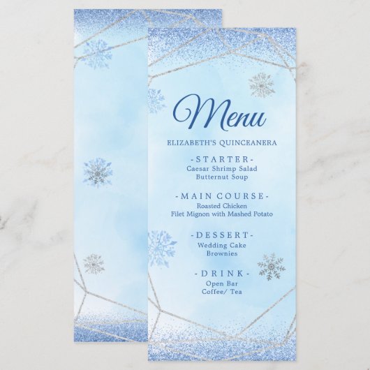 Stoffig Blauw Zilver Sneeuwvlok Kerstmis Mis XV Añ Menu (Voorkant / Achterkant)