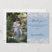 Stoffig blauw zilver trouwfoto dank u kaart (Voorkant)