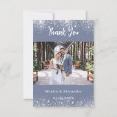 Stoffig blauw zilver trouwfoto dank u kaart (Voorkant)