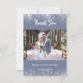 Stoffig blauw zilver trouwfoto dank u kaart (Voorkant)