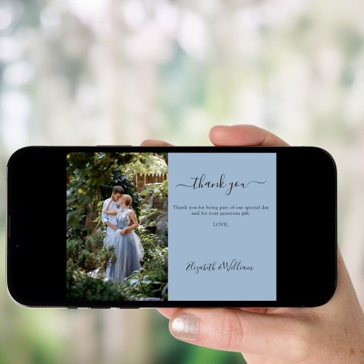 Stoffig blauw zilver trouwfoto dank u kaart