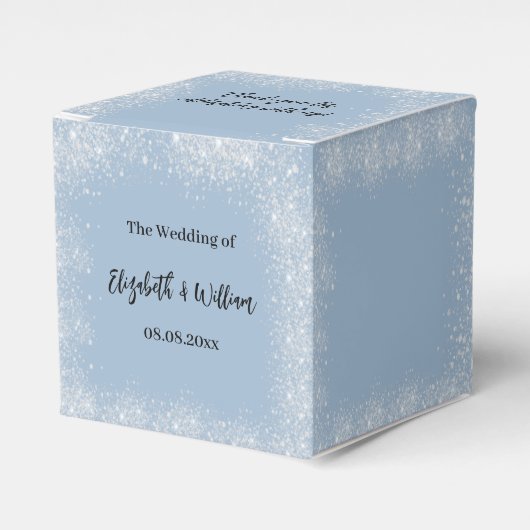 Stoffig blauw zilveren glitter bruiloft bedankdoosjes (Voorkant Zijde)