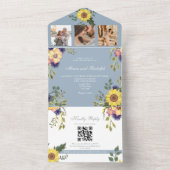 Stoffig Blauw Zonnebloem Bloemen Huwelijk All In One Uitnodiging (Binnen)