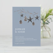 Stoffig Blauw Zwart Kerststerren Pinecones Bruilof Kaart (Staand voorkant)