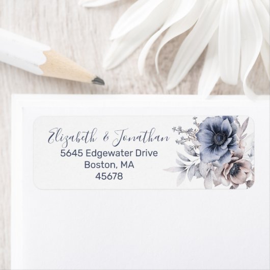 Stoffig blauwe beige waterverf bloemens retouradre etiket (Insitu)