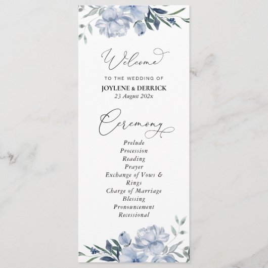 stoffig blauwe bloemen bruiloftsprogramma programmakaart (Voorkant)