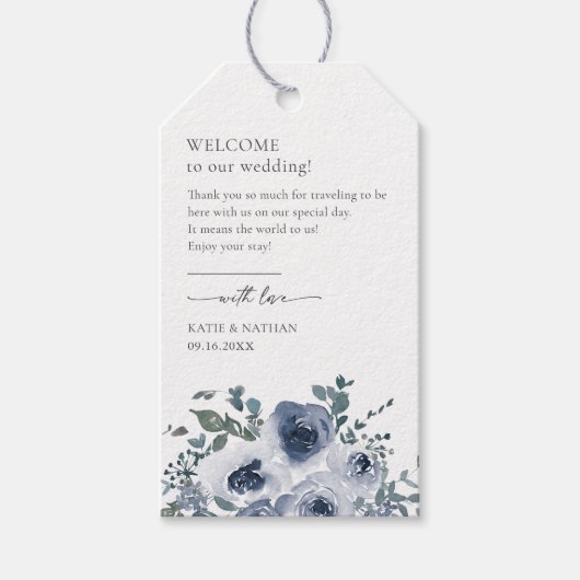 Stoffig blauwe bloemen cadeaulabel (Voorkant)