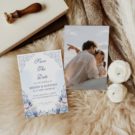 Stoffig Blauwe Bloemen Foto Save the Date