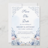 Stoffig Blauwe Bloemen Foto Save the Date (Voorkant)