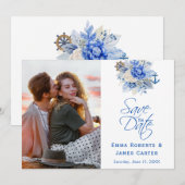 Stoffig blauwe bloemenfoto Save the Date (Voorkant / Achterkant)