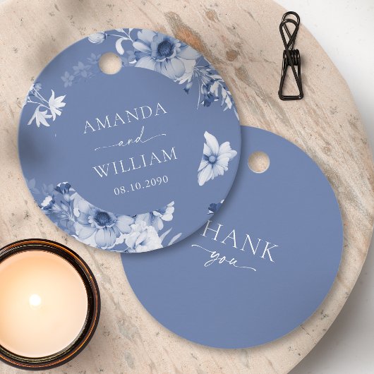Stoffig blauwe bloemige "Dank je" Bedankjes Labels