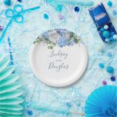 Stoffig blauwe bloemige groene bruiloft hydrangea papieren bordje (Feest)