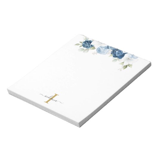 Stoffig blauwe bloemige monogram Eucalyptus script Notitieblok (Linkerzijde)
