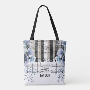 stoffig blauwe bloemige muziek naam tote bag