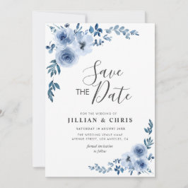 stoffig blauwe bloemige save the date kaart