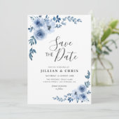 stoffig blauwe bloemsave the date kaart (Staand voorkant)