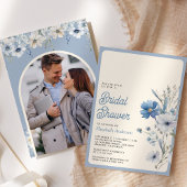 Stoffig blauwe boho-wildbloem foto bruiloftsborrel kaart