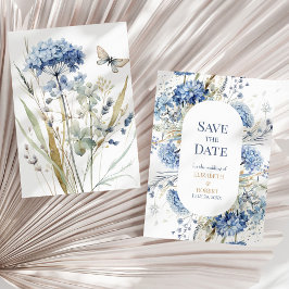 Stoffig blauwe champagne hortensia save the date k kaart