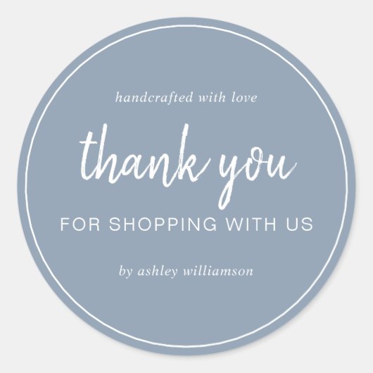 Stoffig blauwe chic script bedankt voor uw aankoop ronde sticker (Voorkant)