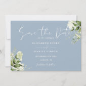 Stoffig blauwe elegante groene bloem foto bruiloft save the date (Voorkant)