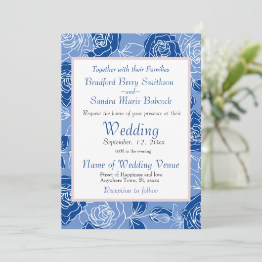 Stoffig blauwe elegante witte grijze bloemige roos kaart (Staand voorkant)