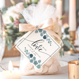 Stoffig blauwe eucalyptusgroene trouw met liefde bedankjes labels