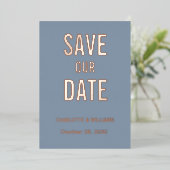 Stoffig blauwe foto-overlay Save The Date goud Folie Uitnodiging (Staand Voorkant)