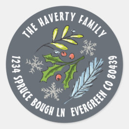 Stoffig blauwe geschetste hulst sparren winter vak ronde sticker