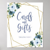 Stoffig blauwe gouden bloemkaarten en cadeaus bord poster (Voorkant)