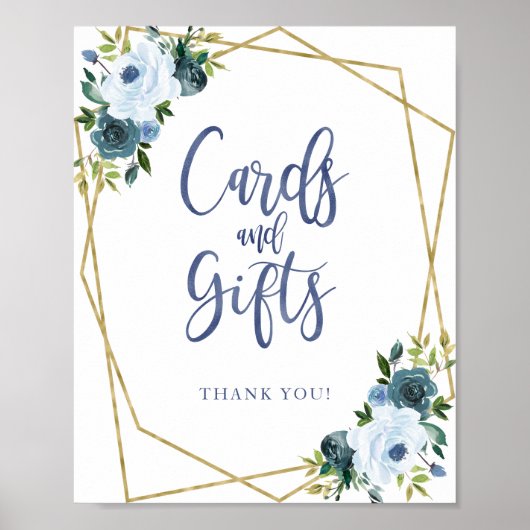 Stoffig blauwe gouden bloemkaarten en cadeaus bord poster (Voorkant)