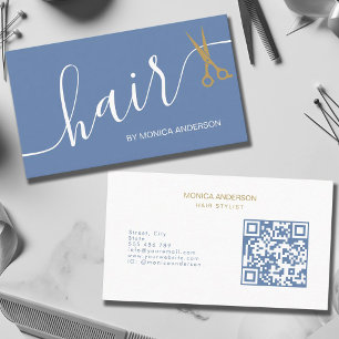 Stoffig blauwe gouden haar script schaar QR-code Visitekaartje