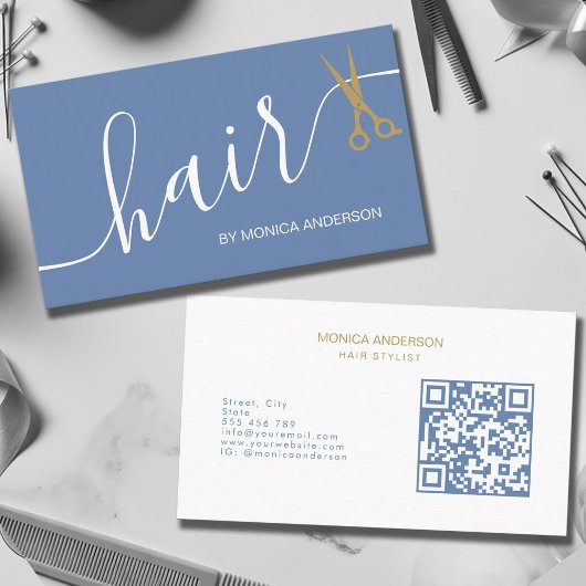 Stoffig blauwe gouden haar script schaar QR-code Visitekaartje