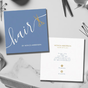 Stoffig blauwe gouden haar script styliste schaar vierkante visitekaartje