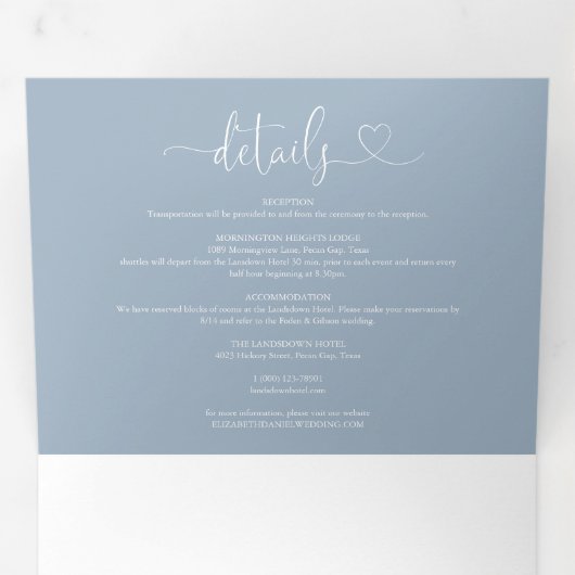 Stoffig Blauwe Hart Script Trouw Drieluik Uitnodiging (Binnenzijde eerst)