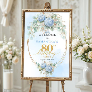 Stoffig blauwe hortensia boho bloemige 80ste verja poster