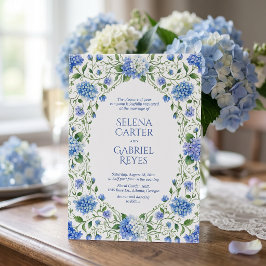 Stoffig blauwe hortensia kusttuin bruiloft kaart