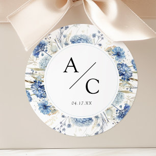 Stoffig Blauwe Hortensia Trouw Monogram Bloemen Ronde Sticker